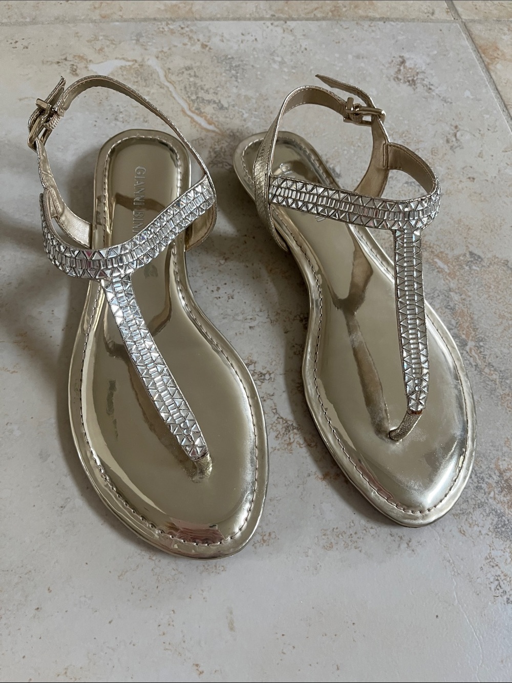 Gianni Bini Gold Metallic Sandals Shiny Rhinestones Sparkly Summer Shoes 7.5